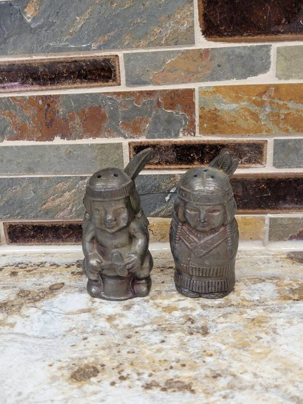 Vintage Native American Metal Salt Pepper Shakers Japan